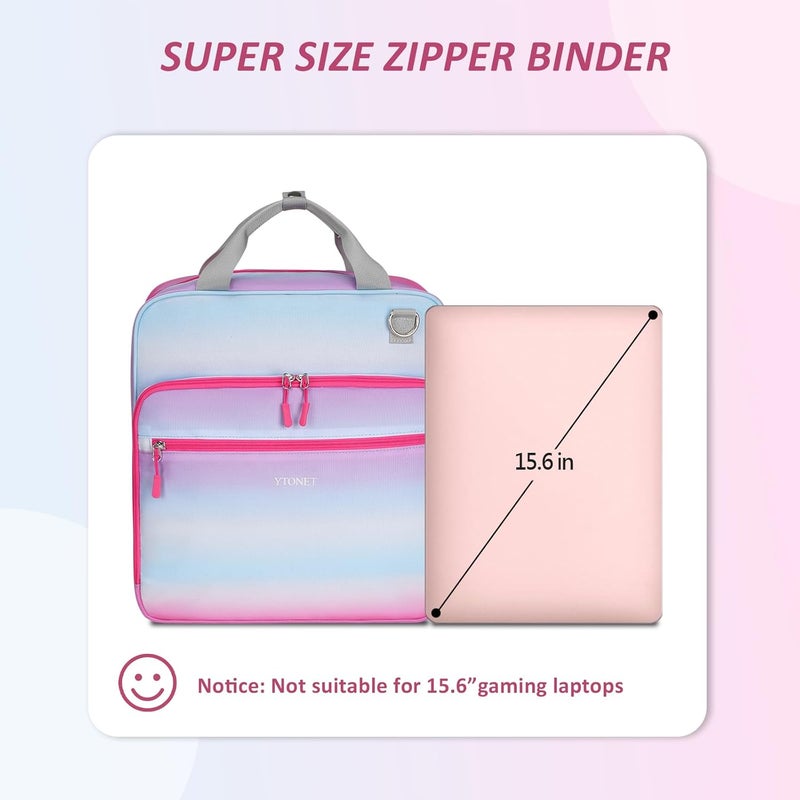 Ytonet Zipper Binder 3 Ring, 3 Inch Binder with Zipper Fit 15.6 in Laptop, 600 Page Extra Large Multi-Pocket School Binders Organizer with Shoulder Strap Handle for Girls Kids Women Student, Blue-Pink - Image 4